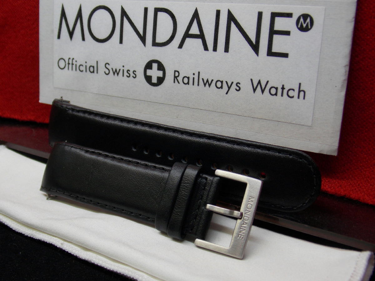 Mondaine Swiss Railways Watchband 22mm Curved End Black Leather Men's Strap