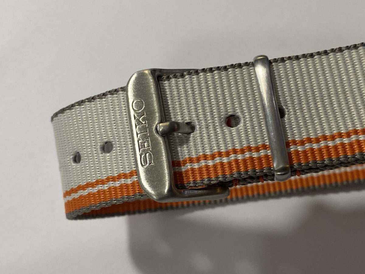 Seiko WatchBand Fabric SRPK73 One Piece Loop Thru 22mm Wide.White/Orange/Gray