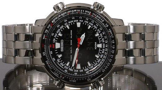 Seiko WatchBand SNJ017 Analog Digital World Time Flight Chronograph Bracelet