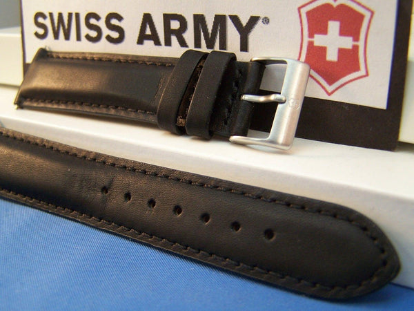 Swiss Army watchband Field. 20mm Black Leather Logo Buckle. Stitched and Padded