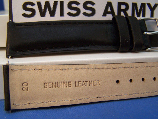 Swiss Army watchband Field. 20mm Black Leather Logo Buckle. Stitched and Padded