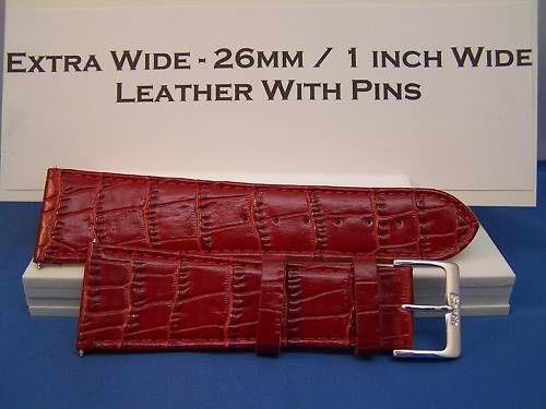 Extra Wide Leather Watchband. 26mm With Pins. Red