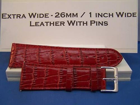 Extra Wide Leather Watchband. 26mm With Pins. Red