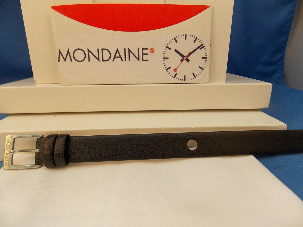 Mondaine watchband One Piece 14mm Wide black Leather Loop Thru w/Logo buckle
