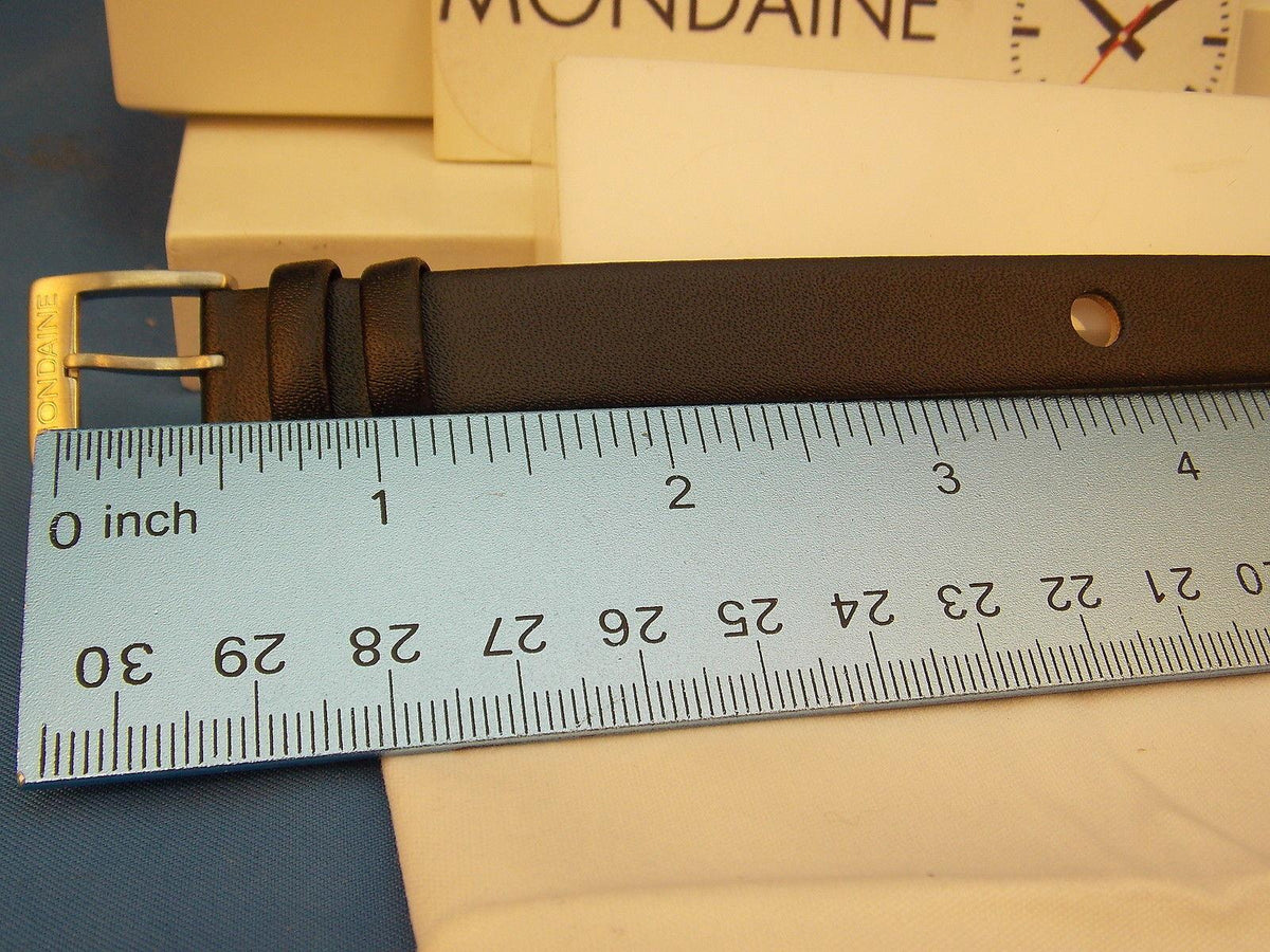 Mondaine watchband One Piece 14mm Wide black Leather Loop Thru w/Logo buckle