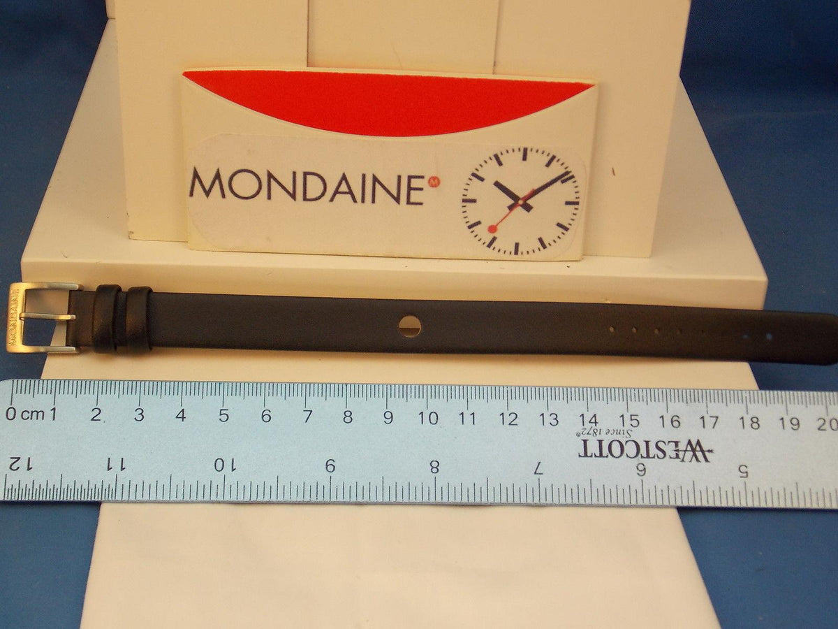 Mondaine watchband One Piece 14mm Wide black Leather Loop Thru w/Logo buckle
