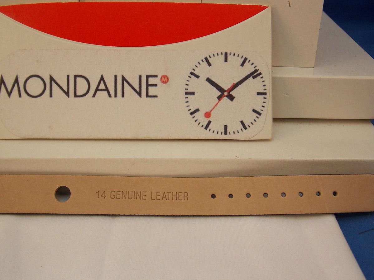 Mondaine watchband One Piece 14mm Wide black Leather Loop Thru w/Logo buckle