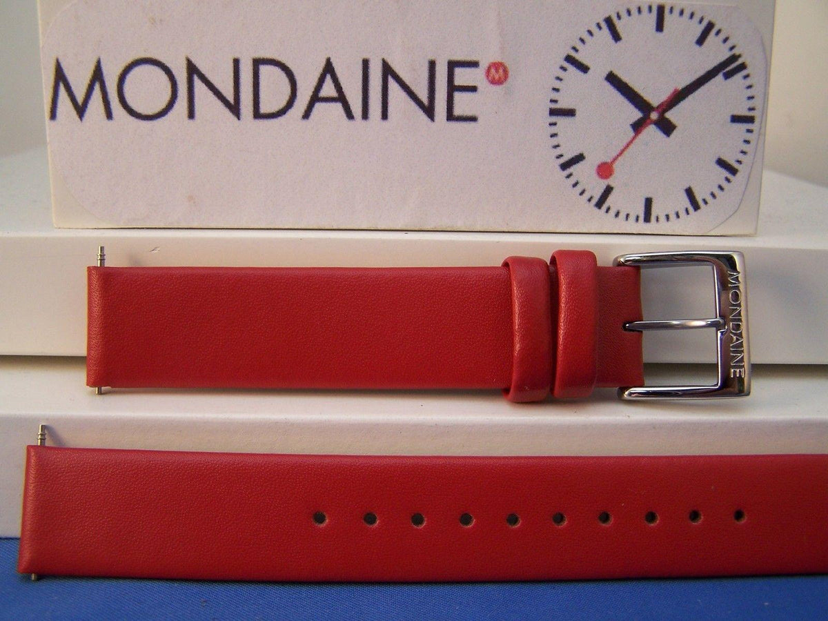 Mondaine Watchband Original 16mm Red Leather w/ Logo buckle and Pins.