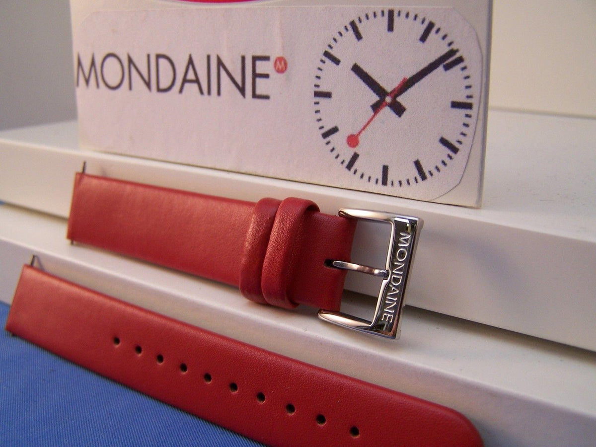 Mondaine Watchband Original 16mm Red Leather w/ Logo buckle and Pins.