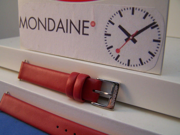 Mondaine watchband Original 12mm Red Leather ladies  w/ Logo buckle & Pins