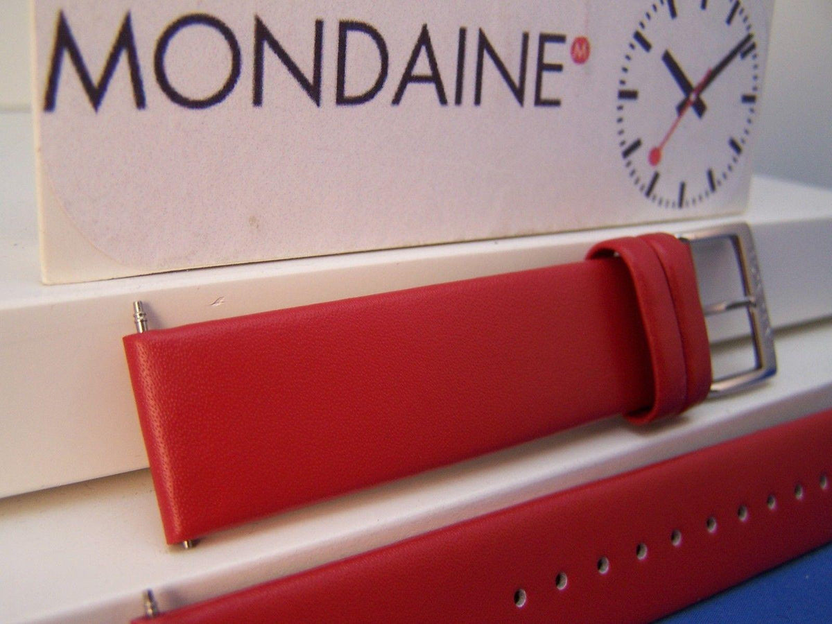 Mondaine watchband Original 18mm Red Mns Leather w/ Logo buckle and Pins
