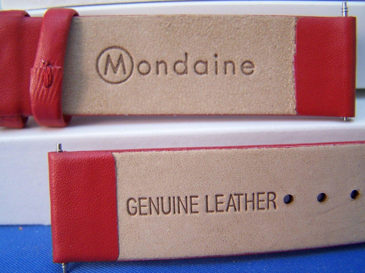Mondaine watchband Original 18mm Red Mns Leather w/ Logo buckle and Pins