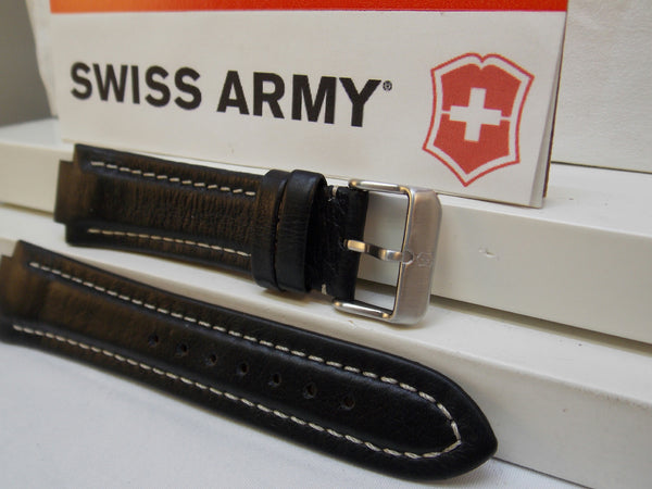 Swiss Army Watchband Peak ll Leather Black White Stitched Padded Mens/Large