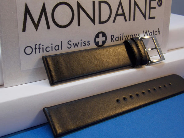 Mondaine Swiss Railways Watch Band 18mm Extra Long Black Leather Strap