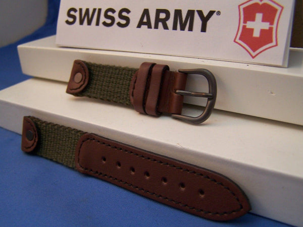 Swiss Army Watchband Cavalry Ladies 16mm Nylon Green, Brown Leather. w/Rivets