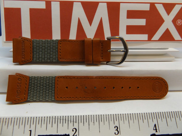 Timex watchband 19mm Gray/Brn Leather/Nylon Indiglo Expedition . Watchband