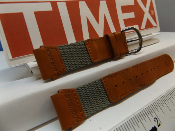 Timex watchband 19mm Gray/Brn Leather/Nylon Indiglo Expedition . Watchband