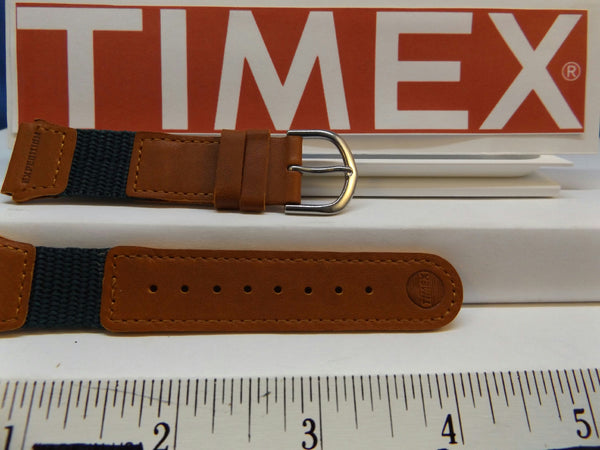 Timex watchband 19mm Brn/Teal Leather/Nylon Indiglo Expedition .Watchband