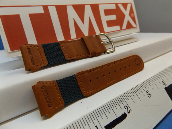 Timex watchband 19mm Brn/Teal Leather/Nylon Indiglo Expedition .Watchband