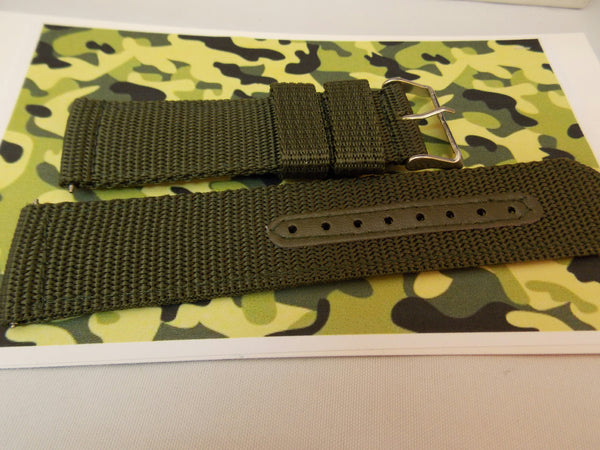 Military Green 22mm Wide Nylon Stitch Reinforced  w/Pins.Washable Watchband