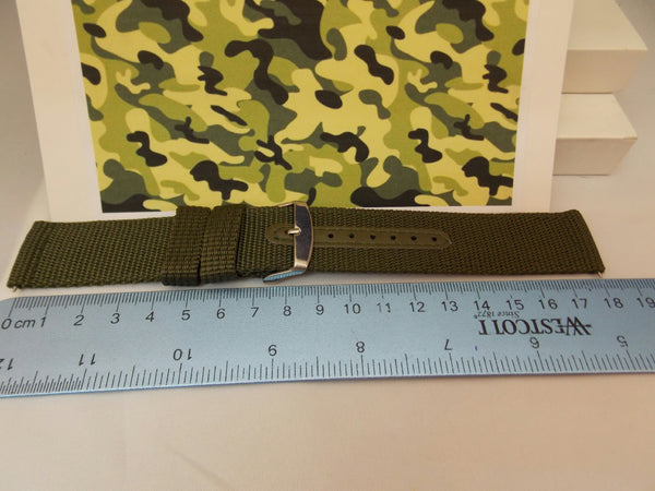 Military Green 22mm Wide Nylon Stitch Reinforced  w/Pins.Washable Watchband