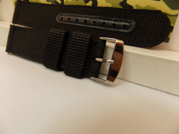 Military Black 20mm Wide Nylon Stitch Reinforced  w/Pins.Washable Watchband