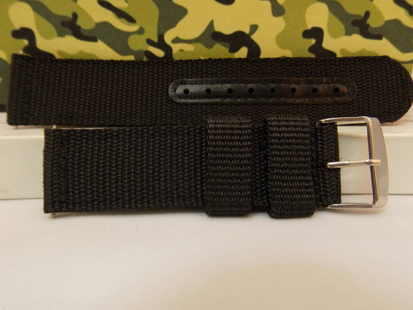 Military Black 20mm Wide Nylon Stitch Reinforced  w/Pins.Washable Watchband