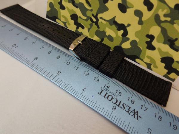 Military Black 20mm Wide Nylon Stitch Reinforced  w/Pins.Washable Watchband