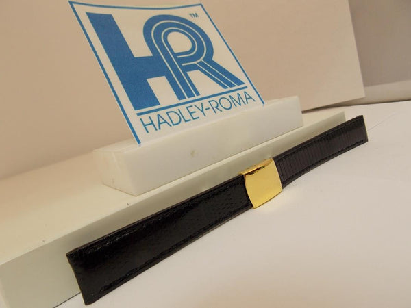 Hadley Roma Watchband 14mm Ladies Black Genuine Lizard  w/Butterfly Fold Buckle.