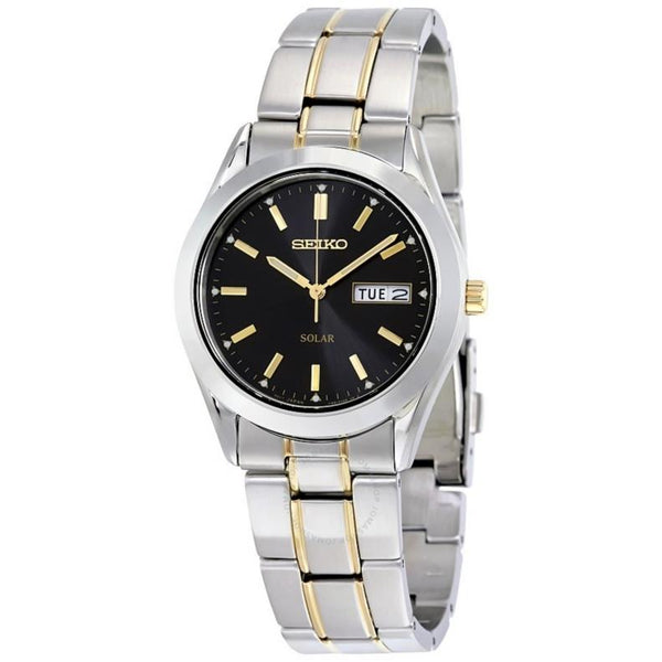 Seiko Watch SNE047 Mens Solar Day/Date. Two Tone Bracelet. Steel w/Glass Crystal