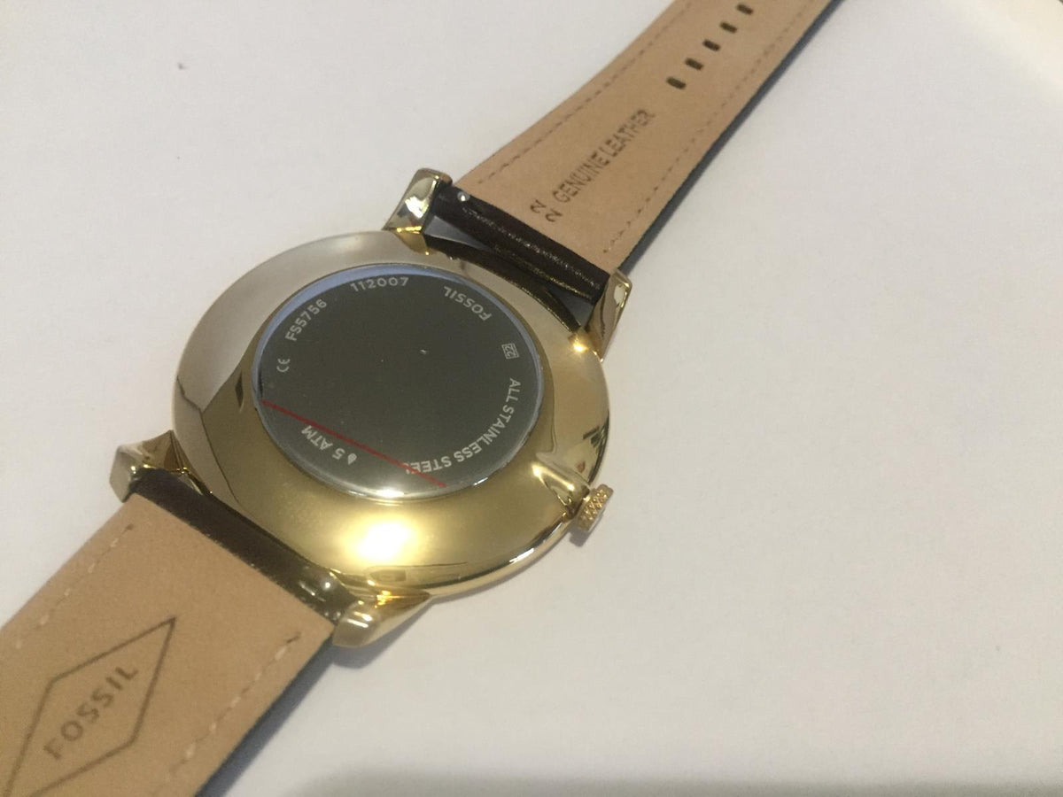 Fossil Mans Minimalist Dress Watch 44mm Case. Brown Band/Dial. Gold Tone Case.