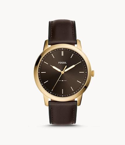 Fossil Mans Minimalist Dress Watch 44mm Case. Brown Band/Dial. Gold Tone Case.