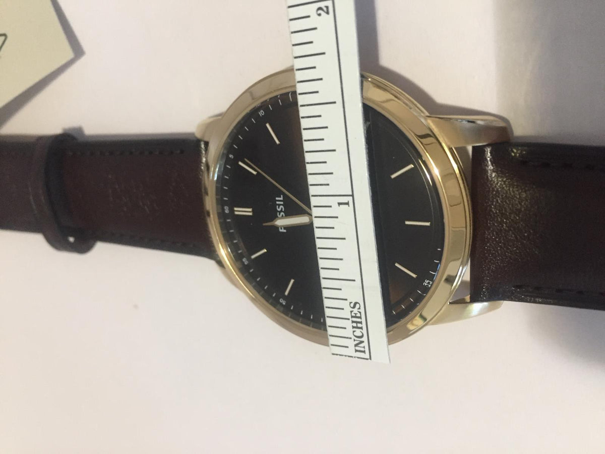 Fossil Mans Minimalist Dress Watch 44mm Case. Brown Band/Dial. Gold Tone Case.