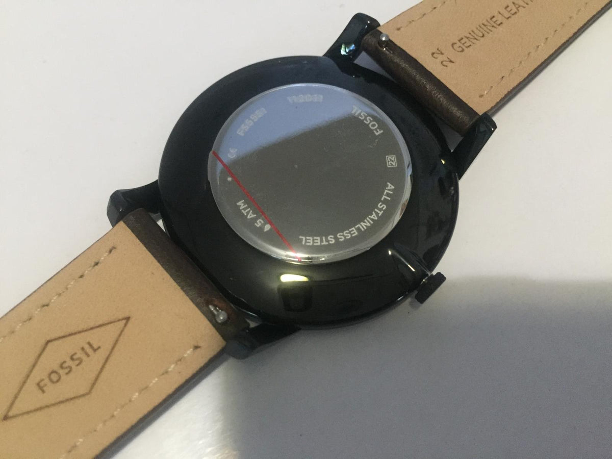 Fossil Mans Minimalist Dress Watch 44mm Case. Brown Band Black Dial. Gold Tone