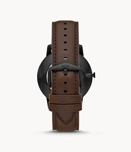 Fossil Mans Minimalist Dress Watch 44mm Case. Brown Band Black Dial. Gold Tone