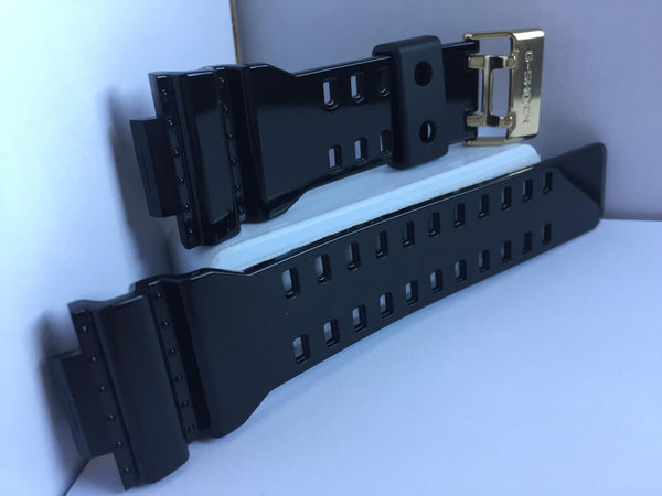 Casio Watchband GA-110,GA-140,GA710,GAC100,GD-100,GDF-100 Shiny Blk/Gold Buckle