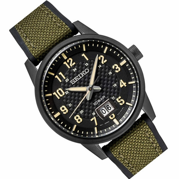 Seiko SUR325 Military Style w/Black Silicone & Green Mesh Strap.Luminous Hands.