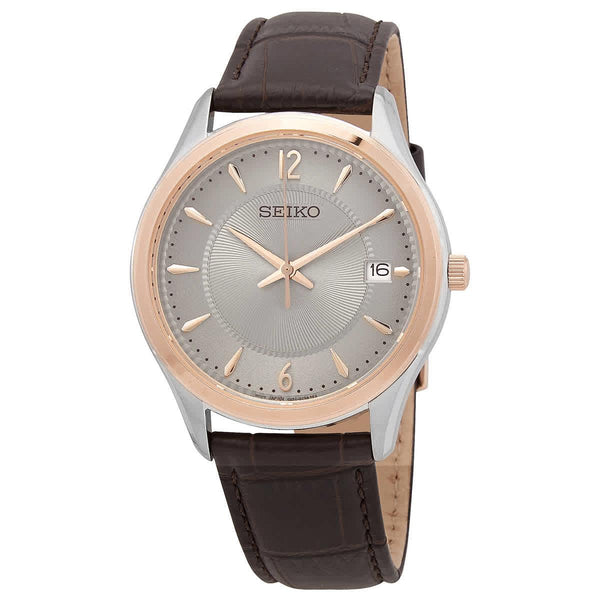 Seiko Watch Mens SUR422. Steel Case. Rose Gold tone Bezel. Sapphire Crystal.