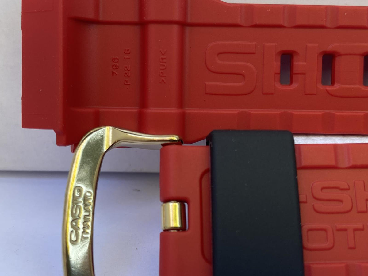 Casio Original Watchband G-9330 A-4 Red Resin Strap Gold Tn Buckle Black Keeper