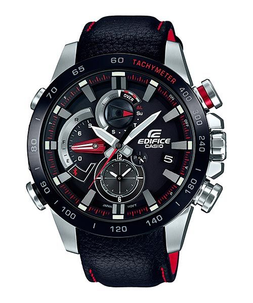 Casio Original Watchband Model EQB-800 BL-1A Black Leather Curved End Strap