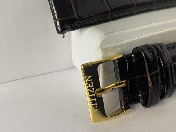 Citizen Genuine Watchband. 22mm Leather Strap. Shiny Croc Grain Brown Gld Tn Bkl