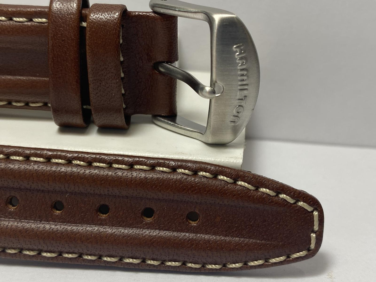 Hamilton Brown Leather 20mm Double Ribbed Strap. Watchband For Hamilton Khaki