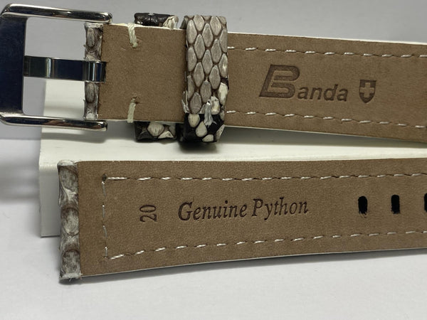 Genuine PythonSkin 20mm Watchband / Strap. Black/White/Gray w/Pins