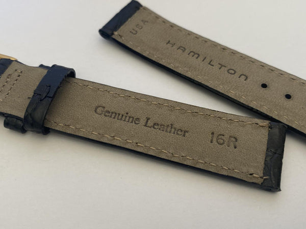 Hamilton Original Leather Watchband.16mm Black Stitched Croc Grain Gld Tn Buckle