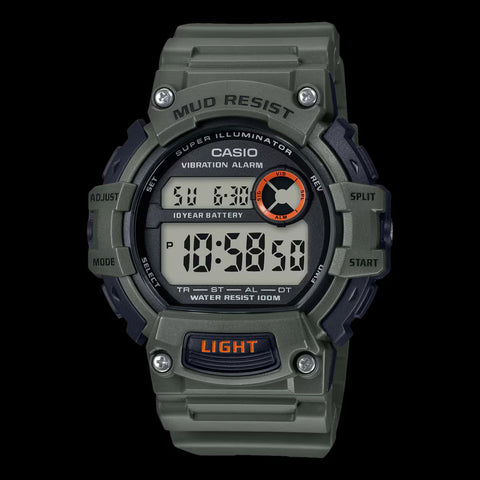 Casio Watch TRT-100 H. Military Green. Mud Resist w/Vibration Alarm.100m Water