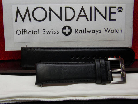 Mondaine Swiss Railways Watchband 22mm Curved End Black Leather Men's Strap