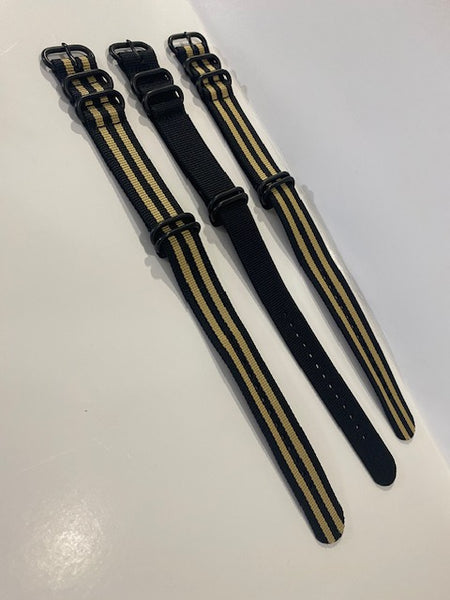 Lot of 3. 0ne Piece Nylon 4 Black Steel Keepers Loop Thru 22mm Straps.Watchbands