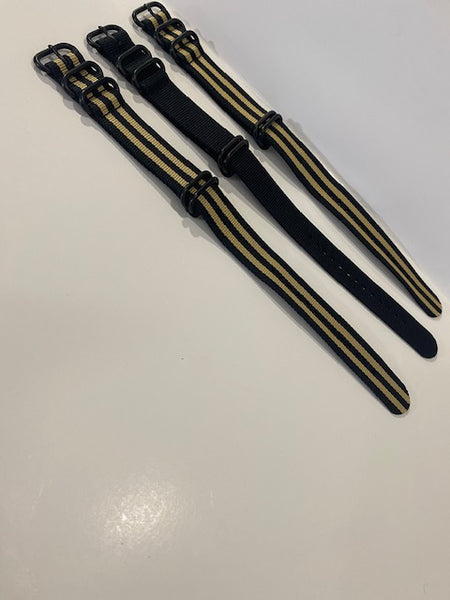 Lot of 3. 0ne Piece Nylon 4 Black Steel Keepers Loop Thru 22mm Straps.Watchbands