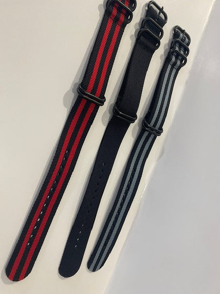 Set of 3. 22mm 0ne Piece Nylon Straps 4 Black Steel Keepers Loop Thru Watchbands