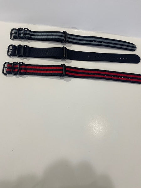 Set of 3. 22mm 0ne Piece Nylon Straps 4 Black Steel Keepers Loop Thru Watchbands
